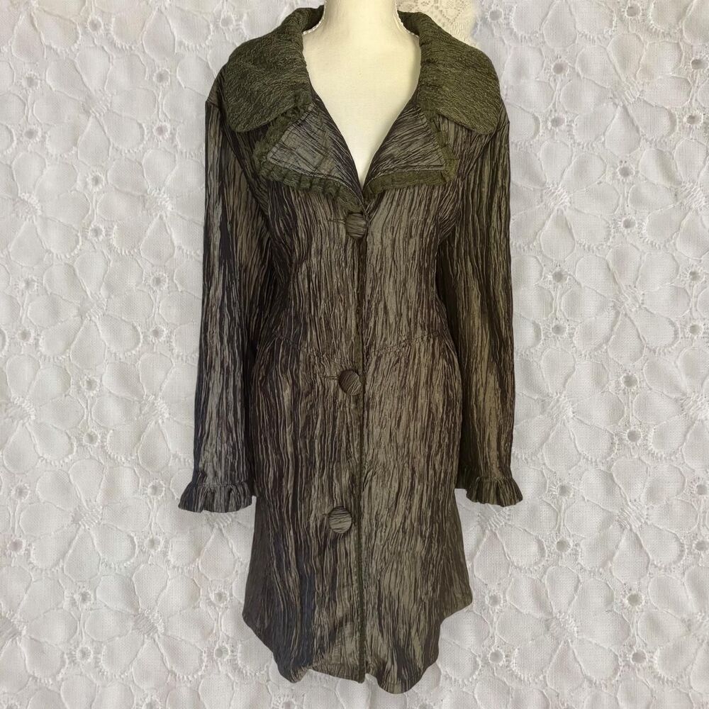 Vintage Y2K Pretty Angel Olive Green Silk Ruffle Duster Trench Coat Jacket